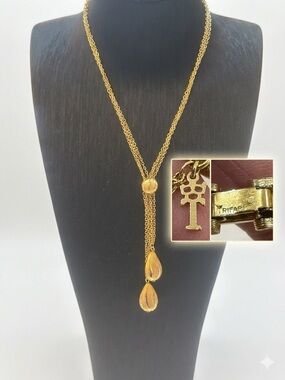 Vintage Dual Signed Crown Trifari Gold Multi Strand Lariat Tassel Necklace